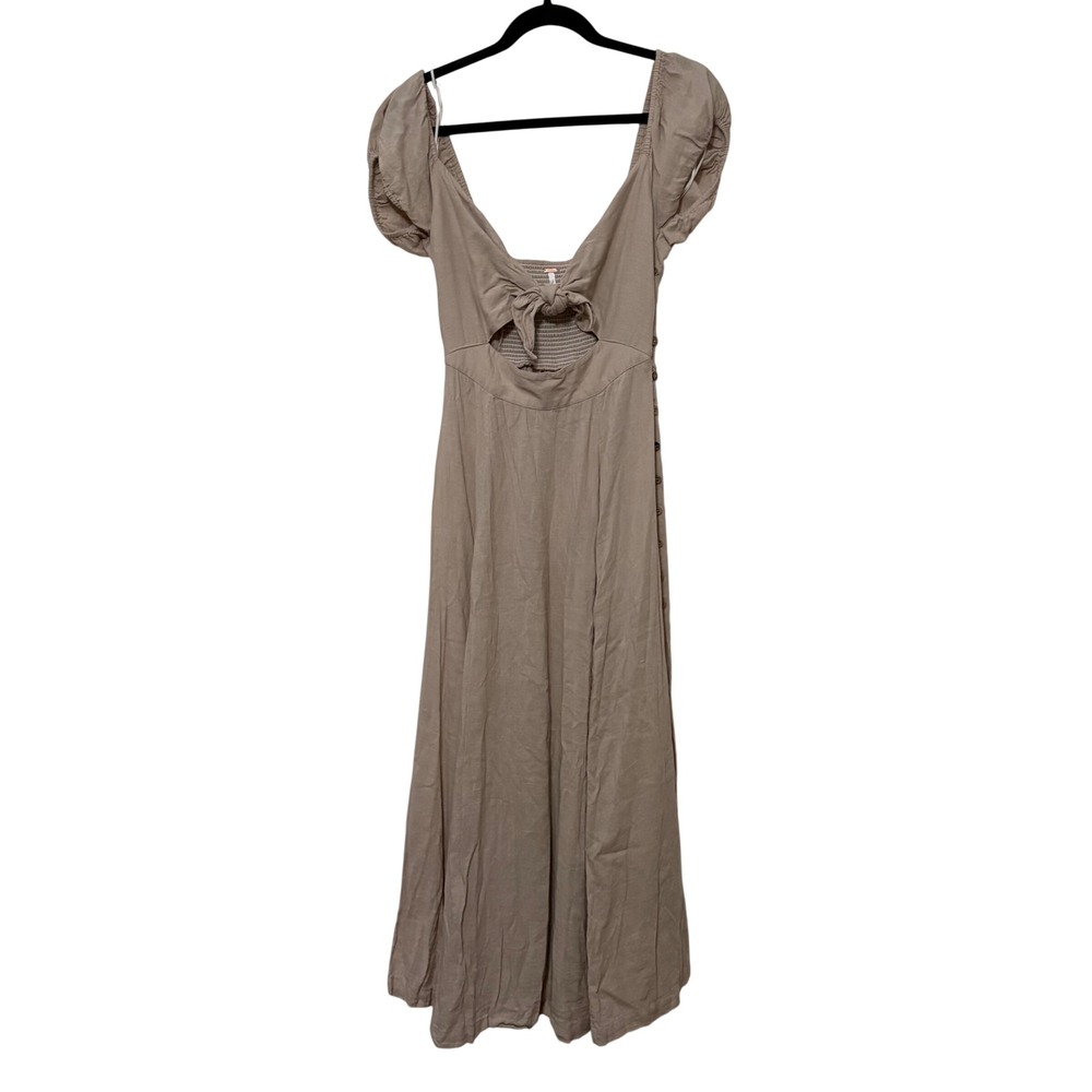 Free People Tan Tie Front Cutout Puff Sleeve Midi Dress Womens‎ XS